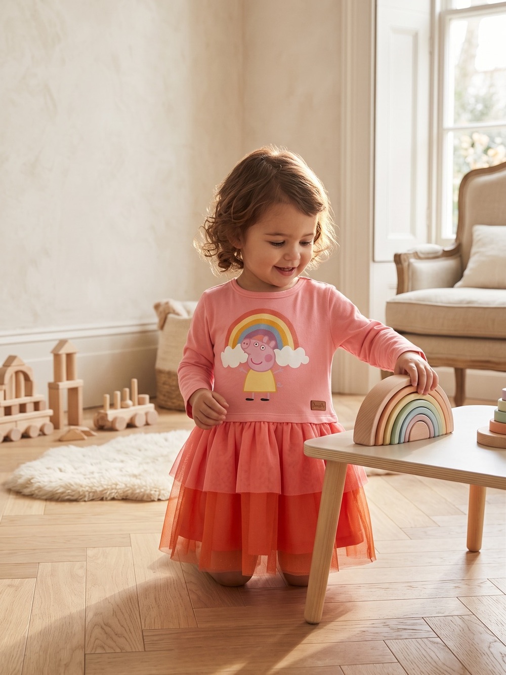 H&M Coral Peppa Pig Rainbow Tiered Tulle Dress
